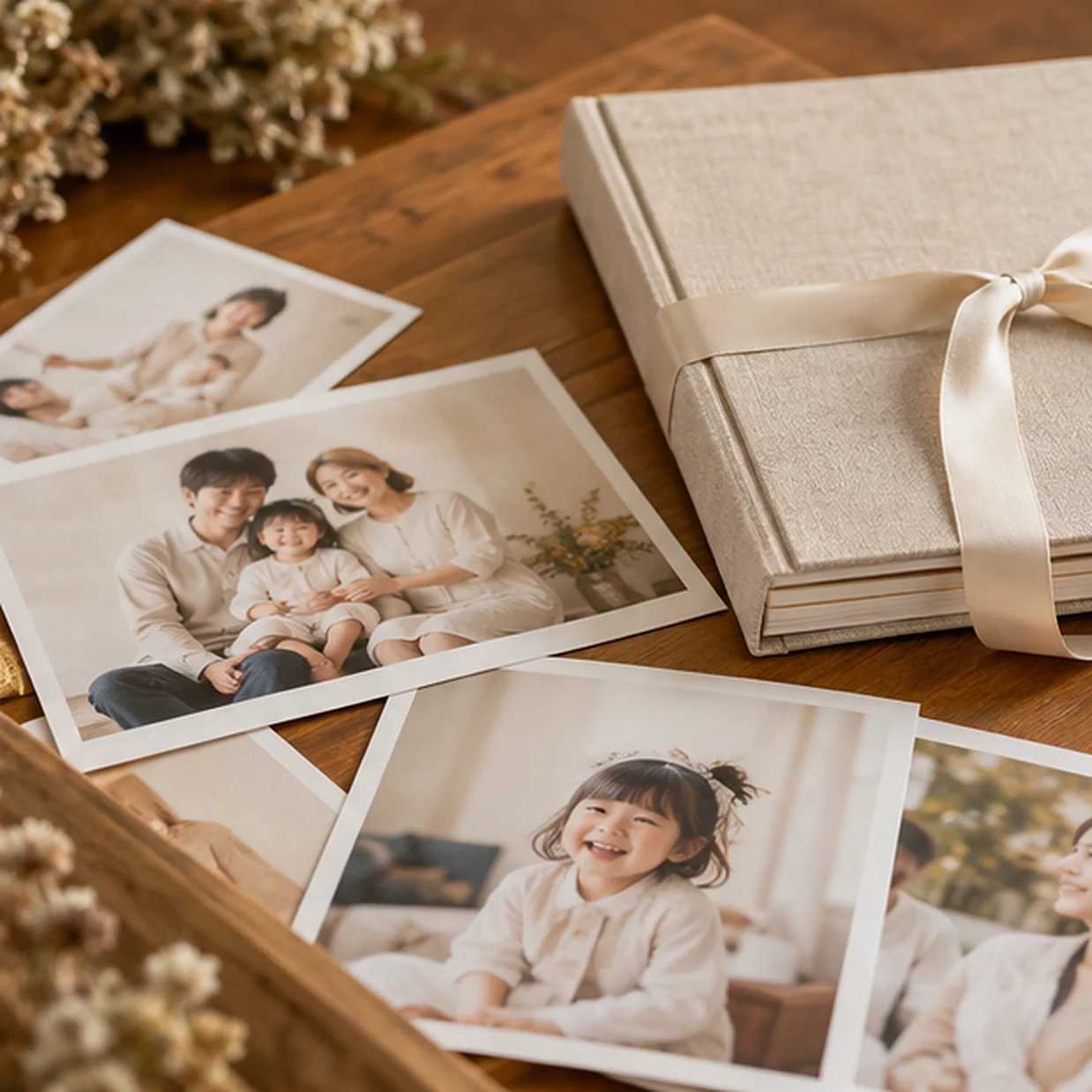 木のテーブルに置かれた、写真とアルバム