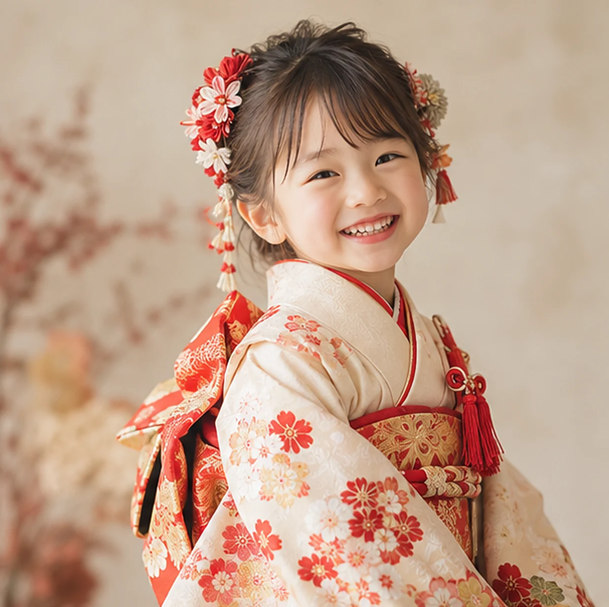 七五三の着物で笑う、5歳の女の子