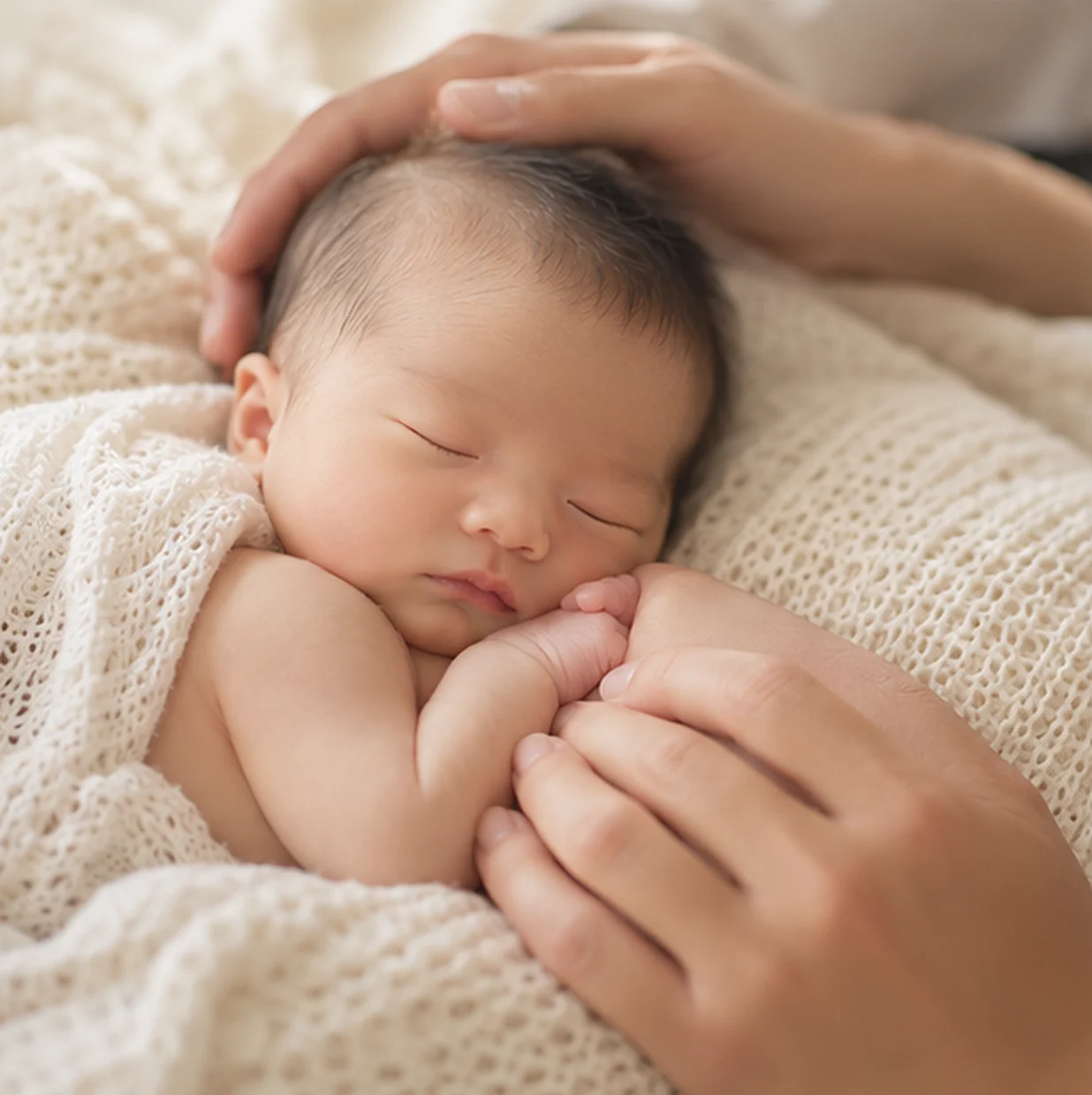 眠る赤ちゃんと、そっと包む手