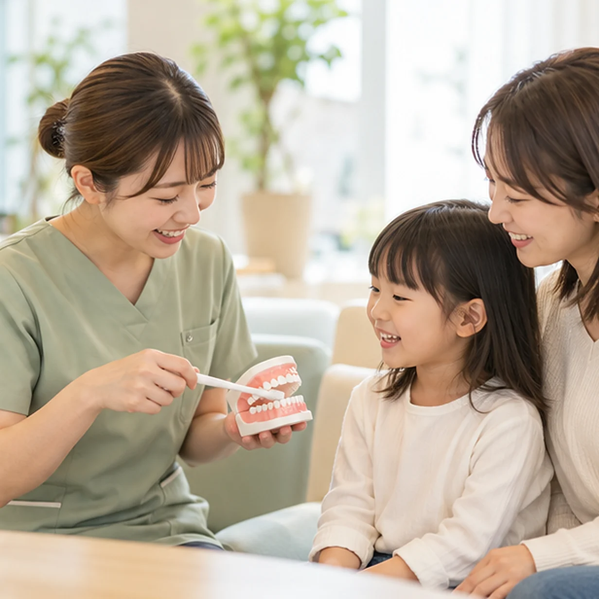 歯みがきを教える歯科衛生士と親子