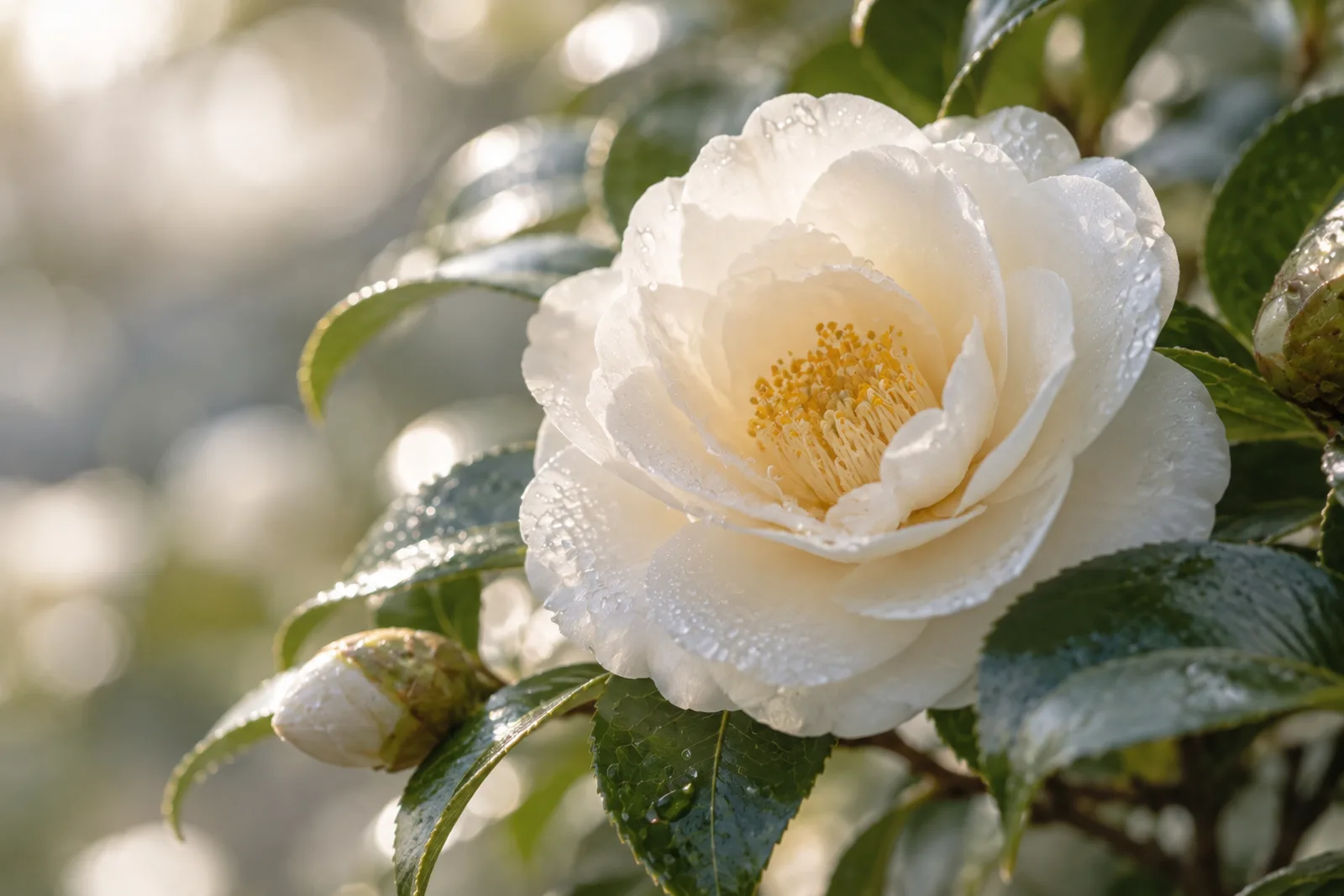 白椿のマクロ。花弁に水滴が付いている
