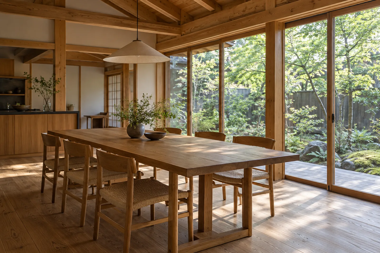 庭に開く食堂。ナラのテーブルと梁を見せた天井