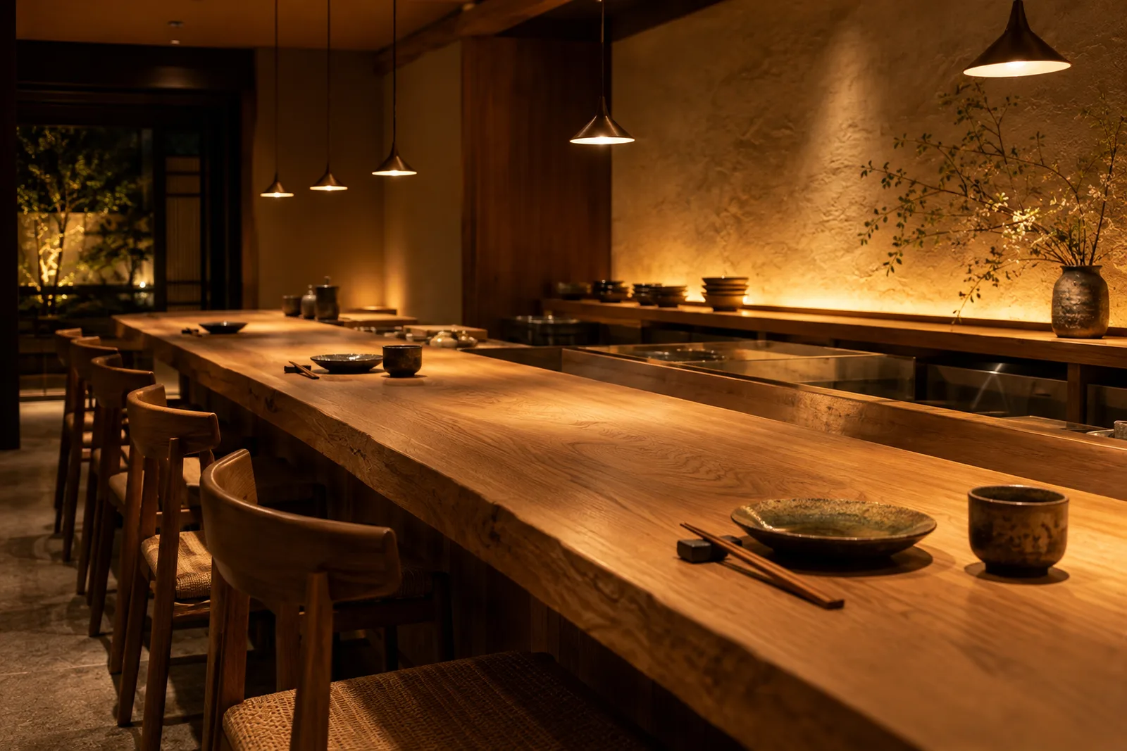夜の小さな飲食店の内部。低い照明のカウンターと席