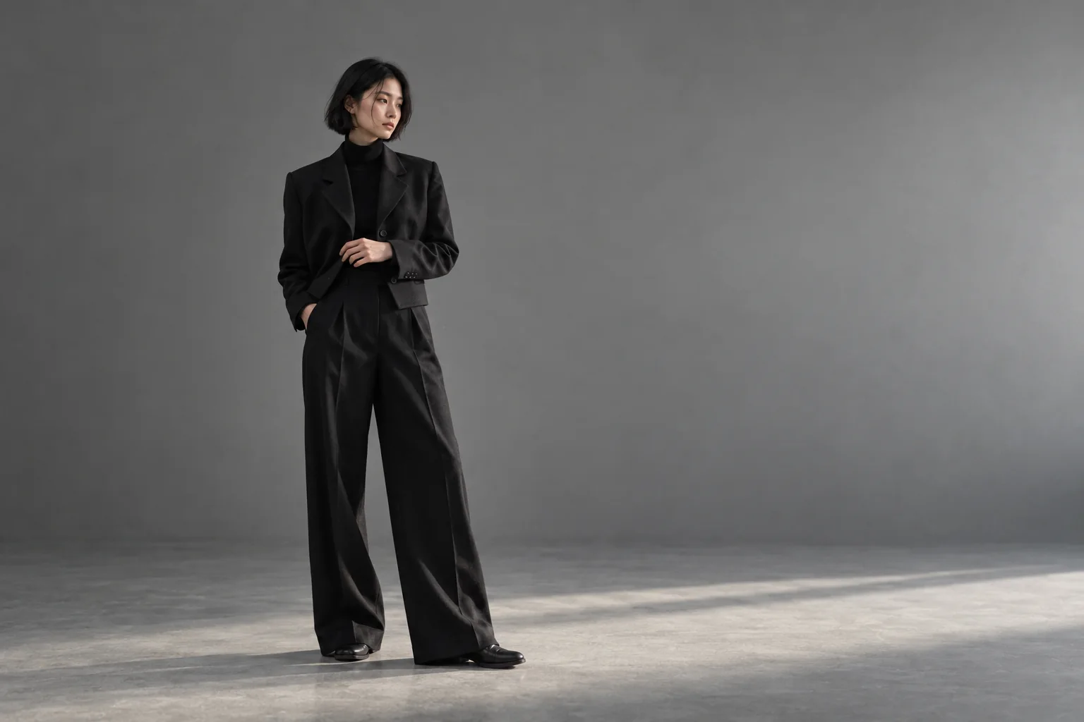 黒の短いジャケットと黒のタートルネックを着た人物が、やや右を向いて立つ。右半分は灰色の背景紙。(サンプル)