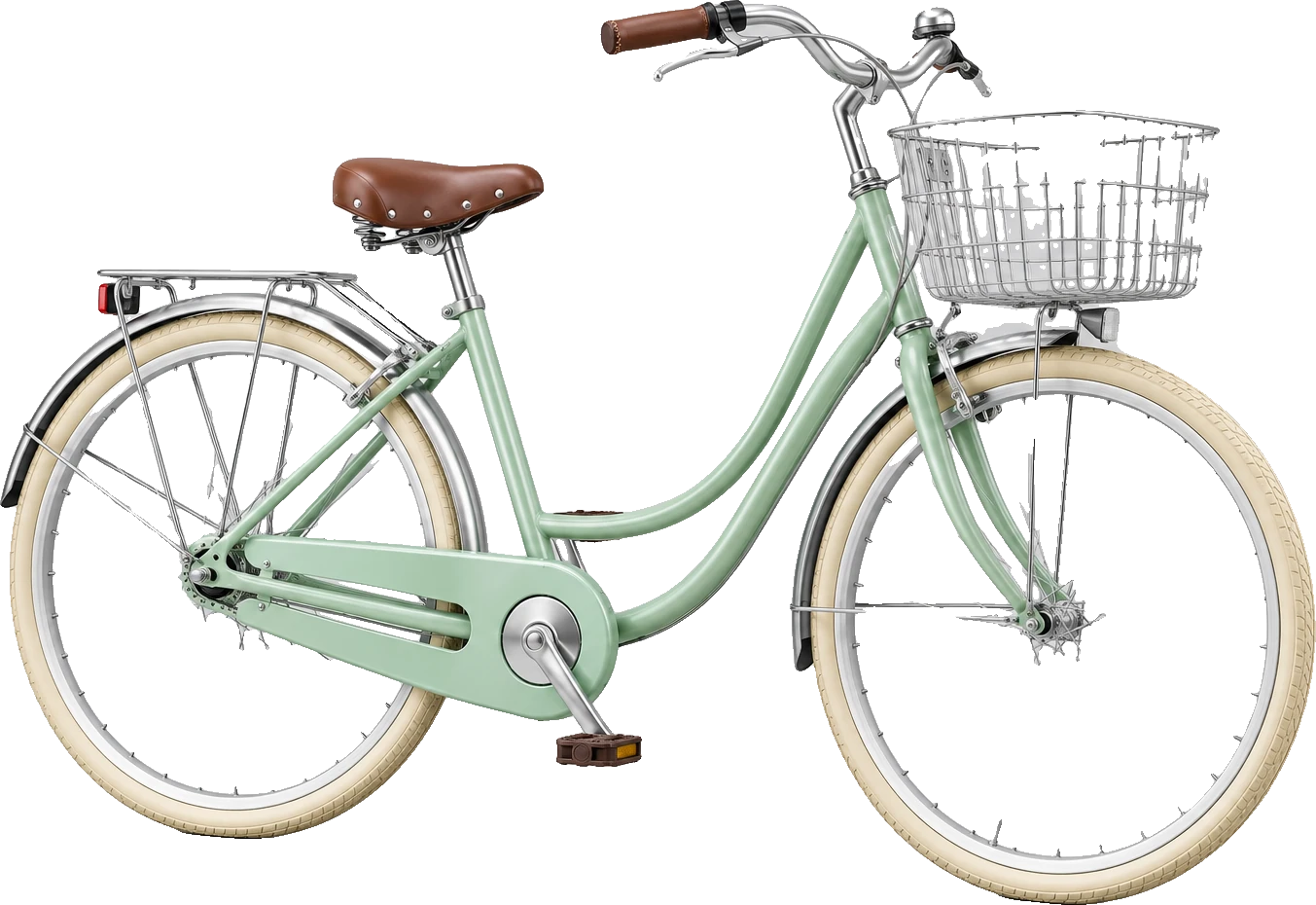 ミント色の26インチ街乗り自転車。茶色のサドルと銀のかご、クリーム色のタイヤ