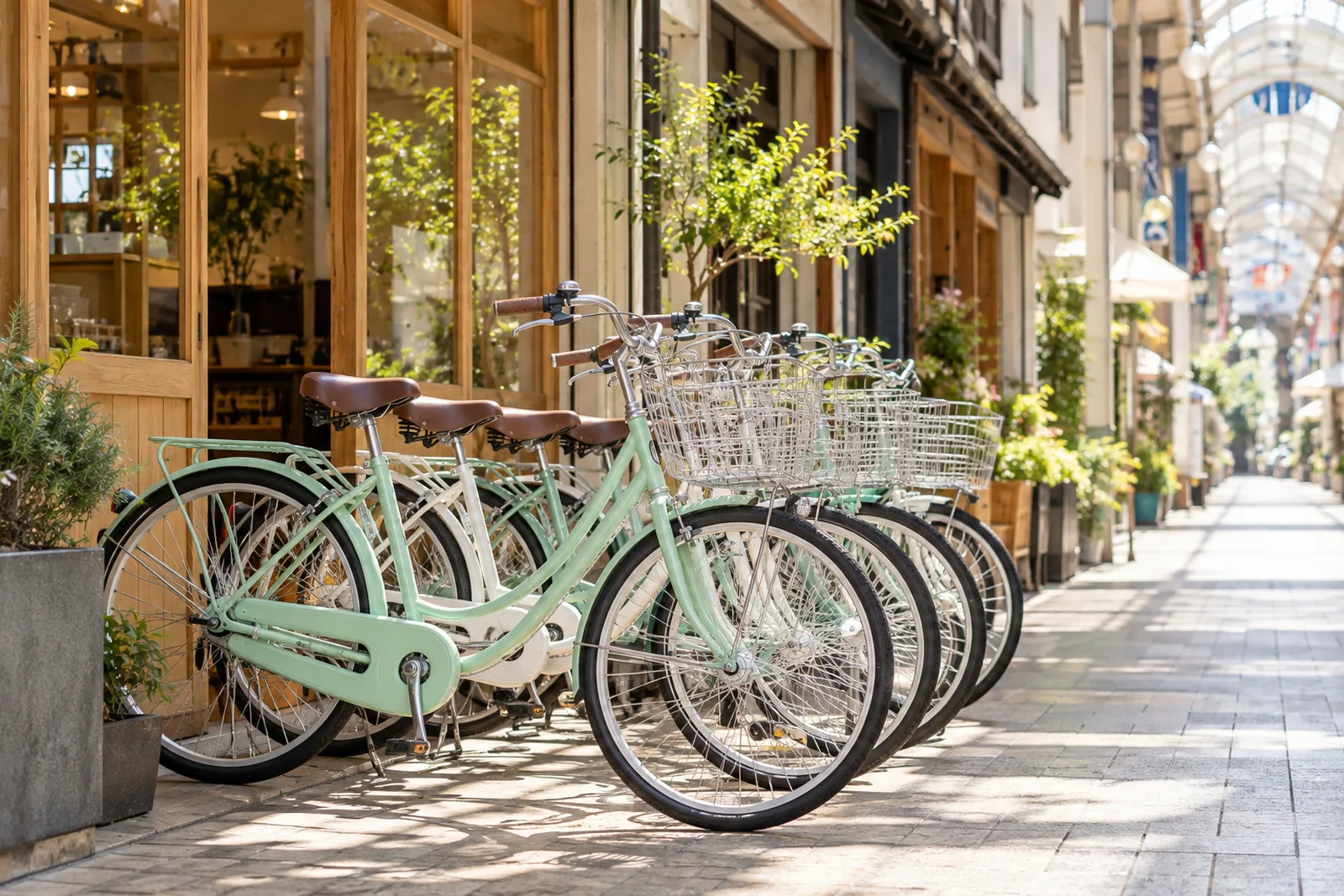 店の前に並ぶレンタル自転車。かご付きの街乗り車が数台