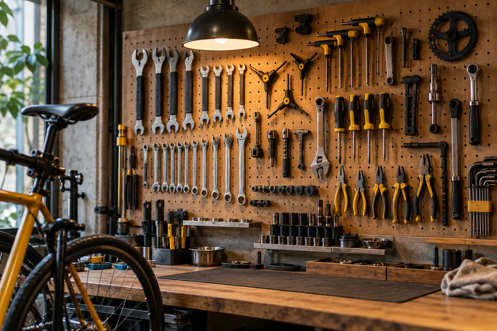 ペグボードに工具が種類ごとに並ぶ店内の壁