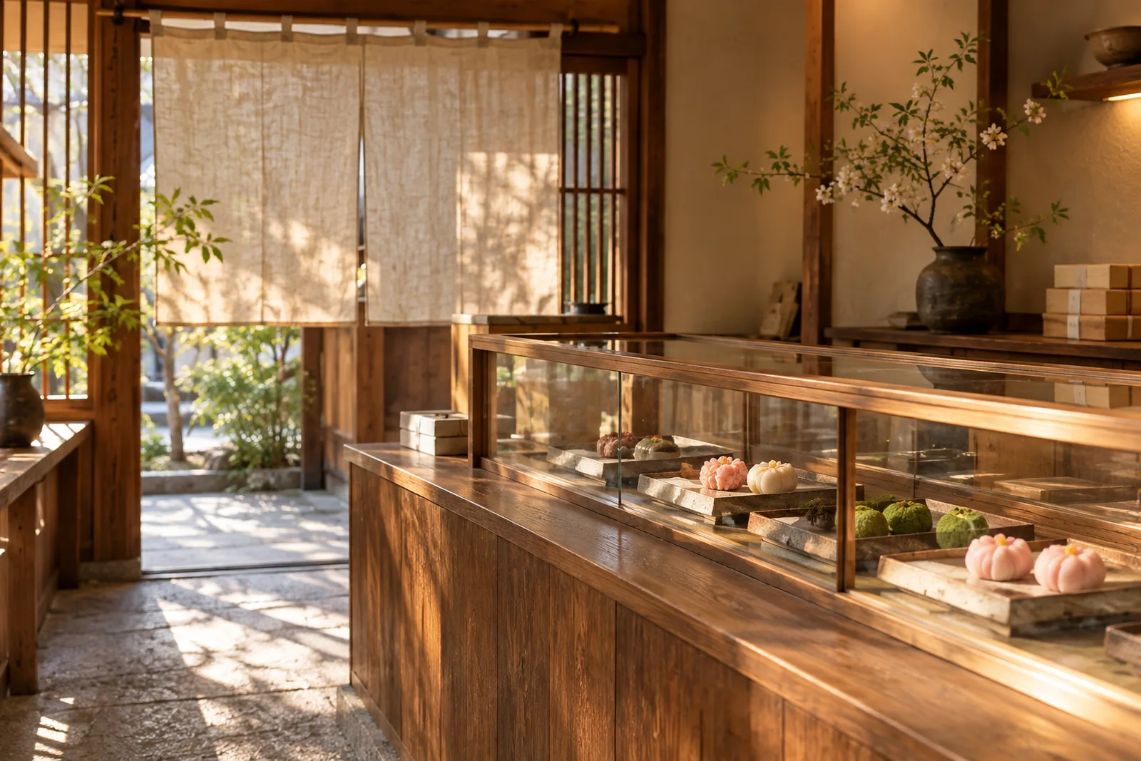 店内の木のカウンターと、生菓子が並ぶガラスのショーケース。