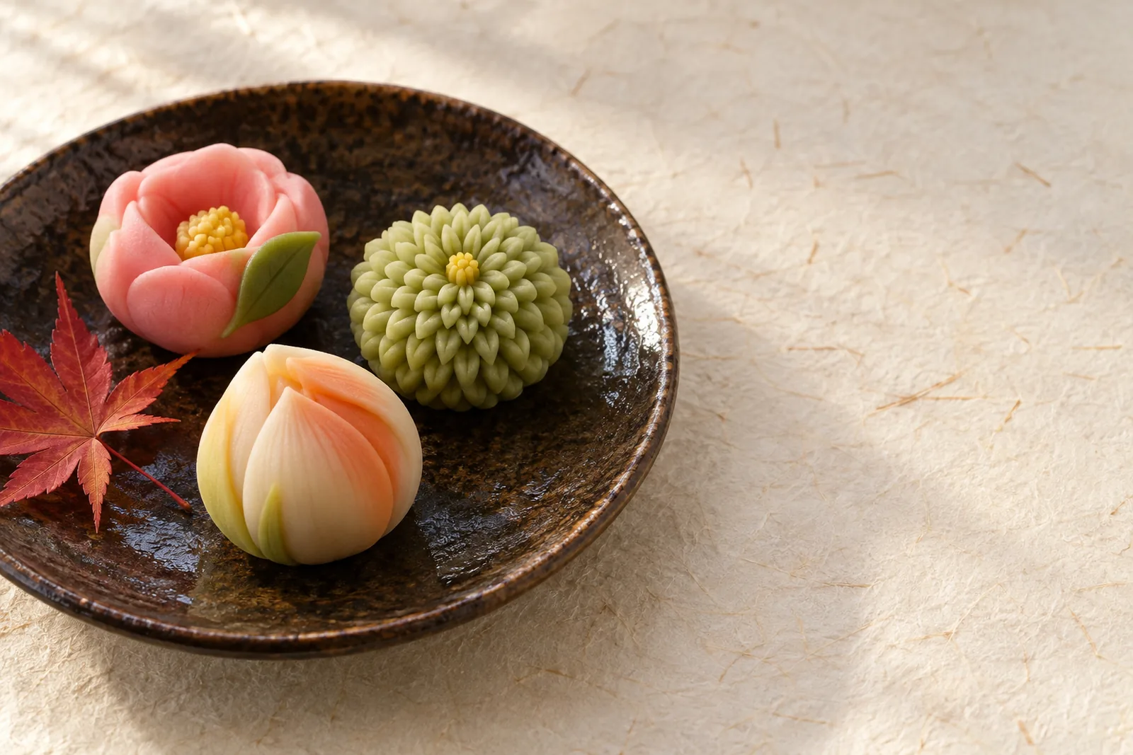 黒釉の丸皿に、紅の山茶花、緑の菊、橙の蕾の生菓子が三つ。かたわらに紅葉が一枚、生成りの和紙の上。