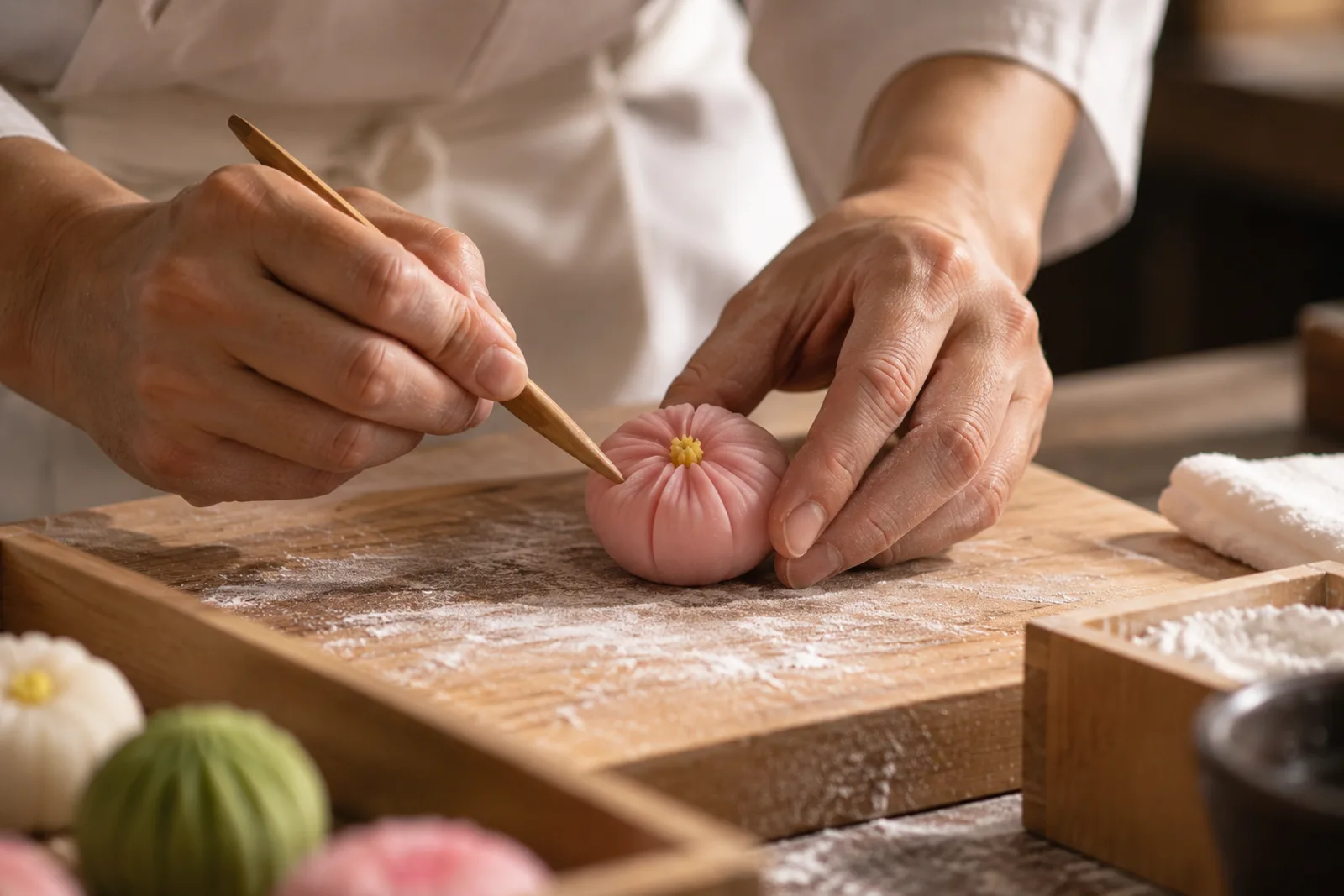手のひらで餡を包み、指先で形を整える職人の手。