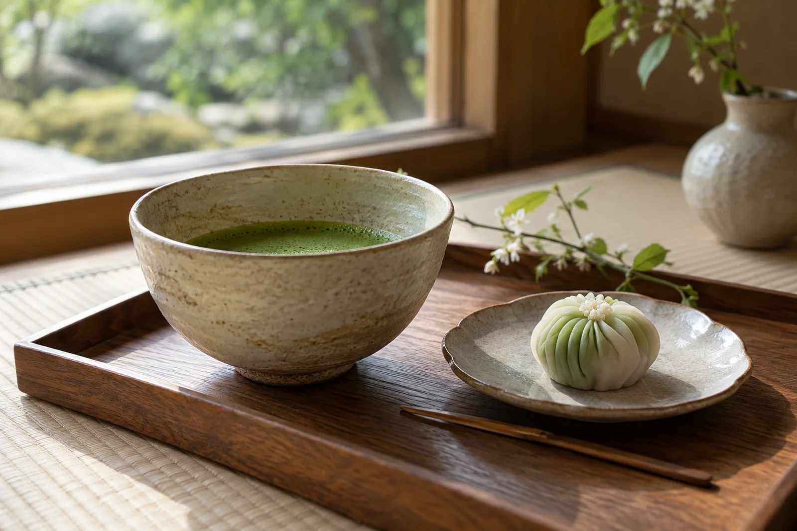 窓辺の盆に、抹茶と生菓子がひとつ。