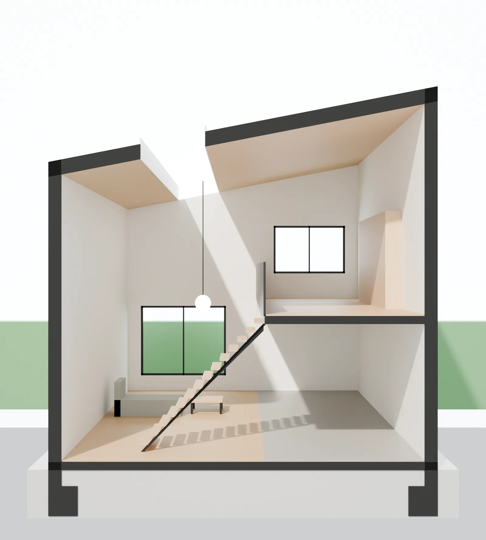斜めの屋根の家の断面パース（CG）