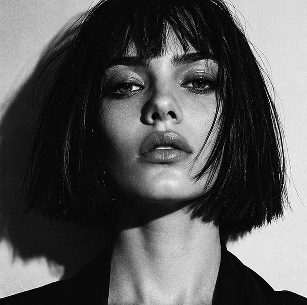 シャープな黒いボブの女性のポートレート