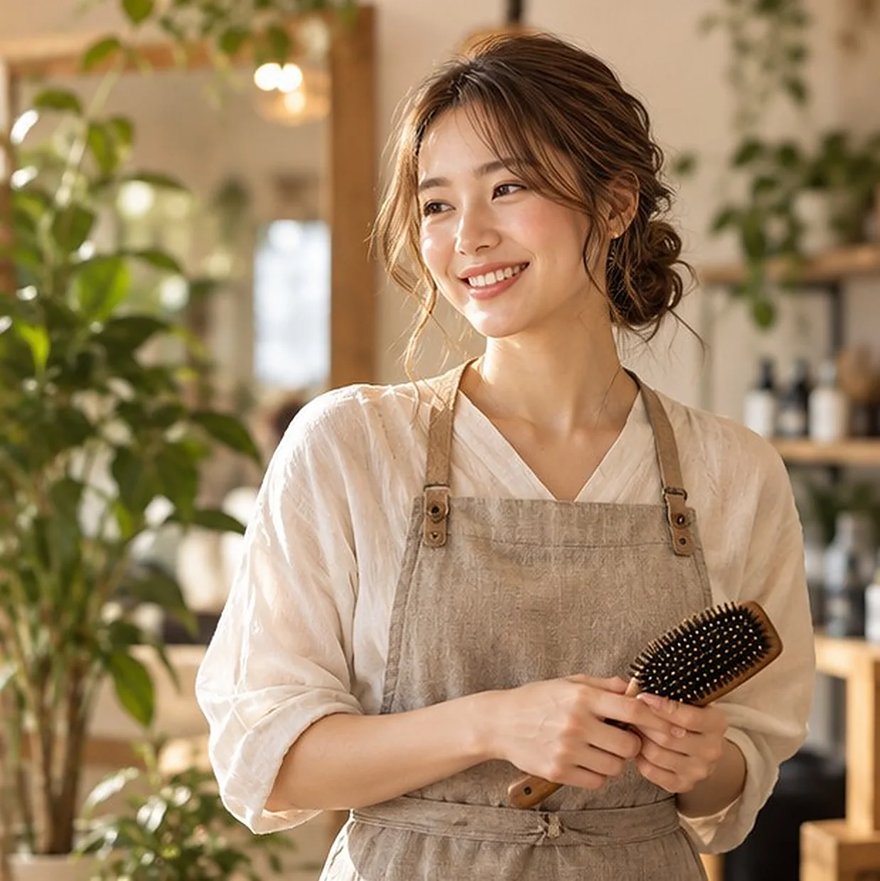 ブラシを持って笑う、スタイリスト