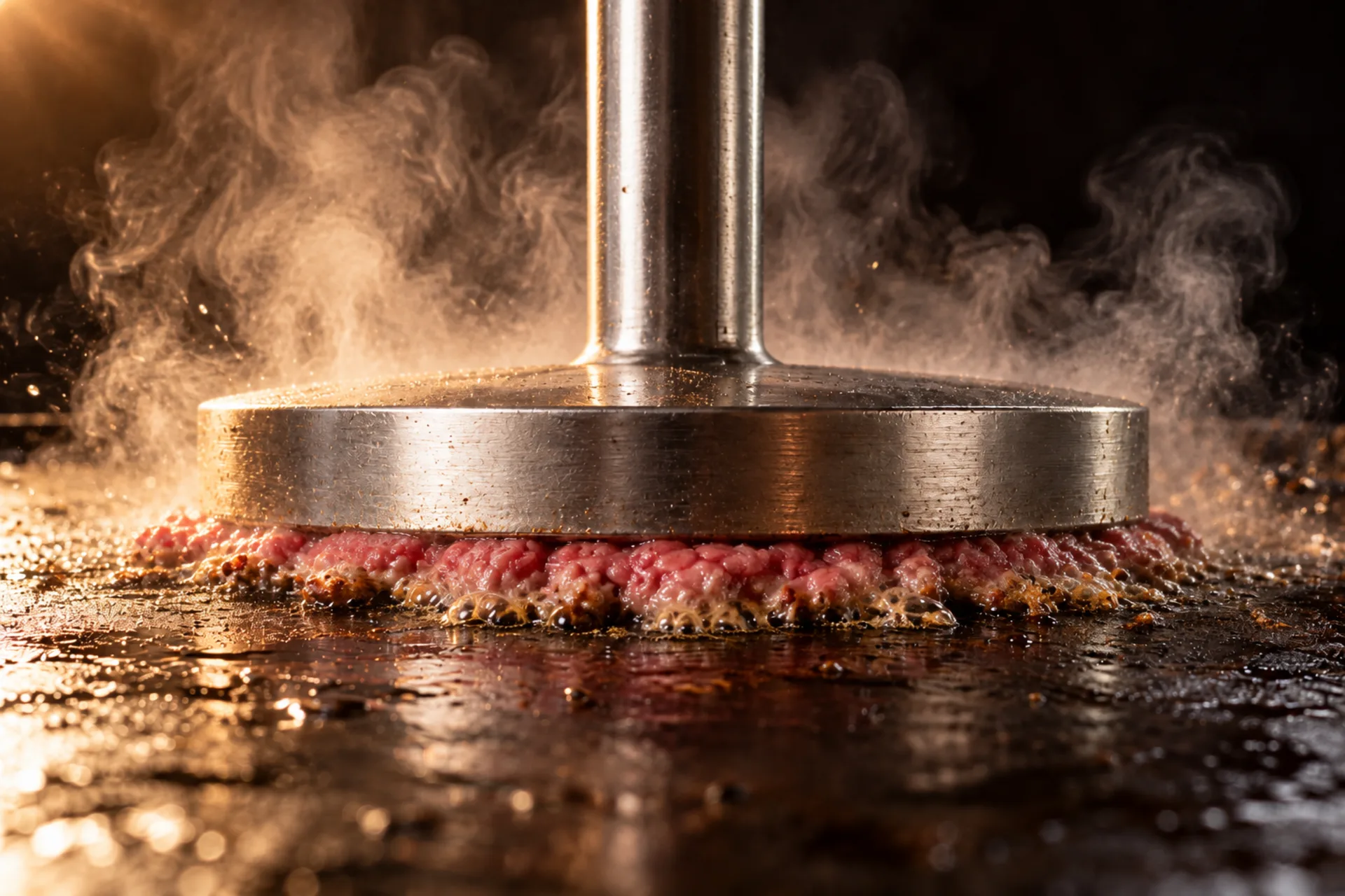 プレスで薄くつぶされ、縁から焼けはじめた肉。