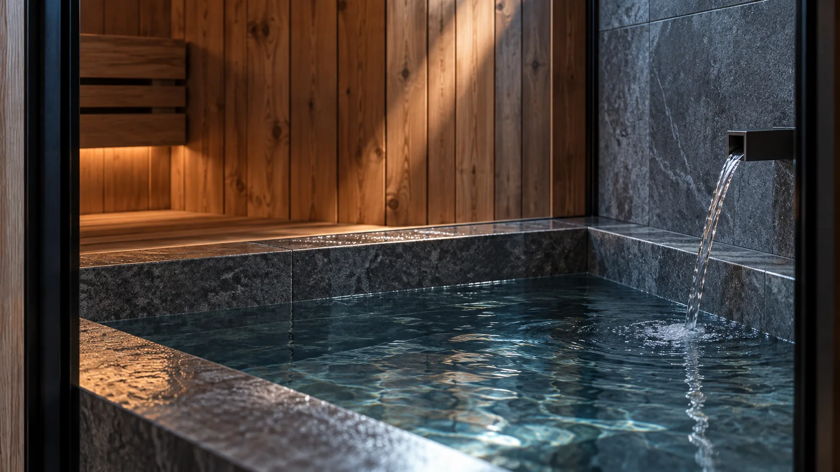 ガラスの向こうに、石の縁と冷たい水